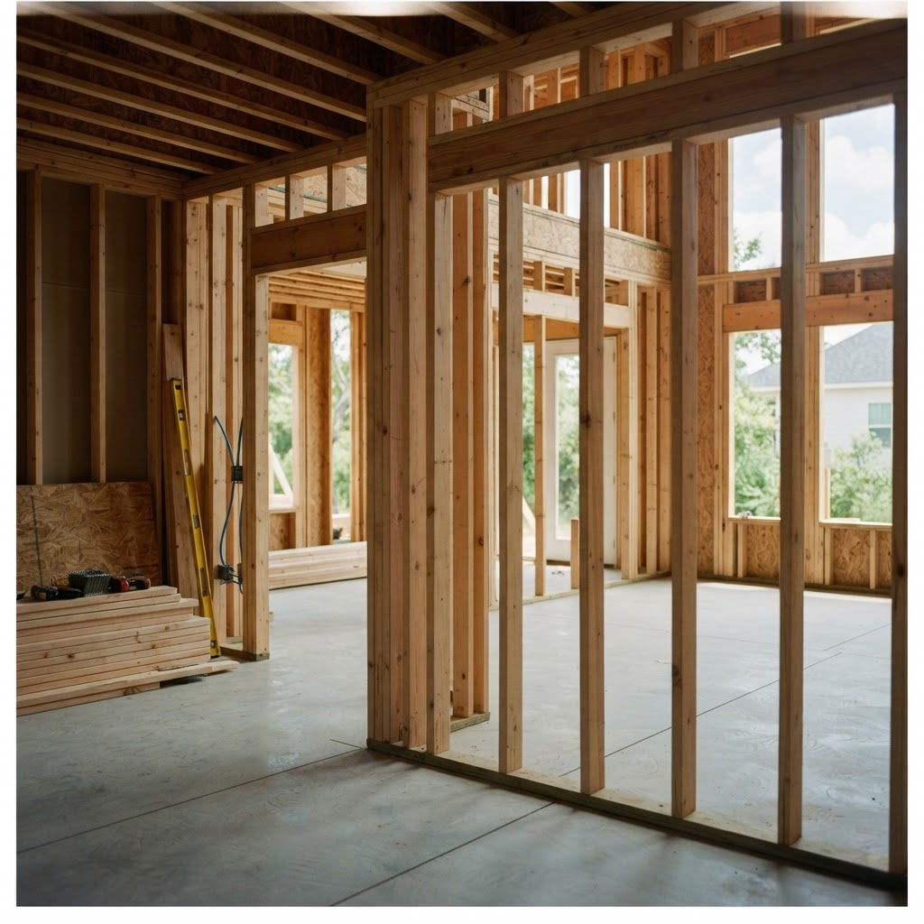 Precisely built timber wall framing on a clean concrete slab at a residential construction site
